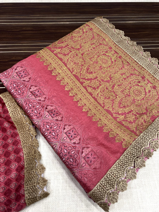 Soft silky crystel chiffon saree with ajrakh digital print and embroidery work pallu