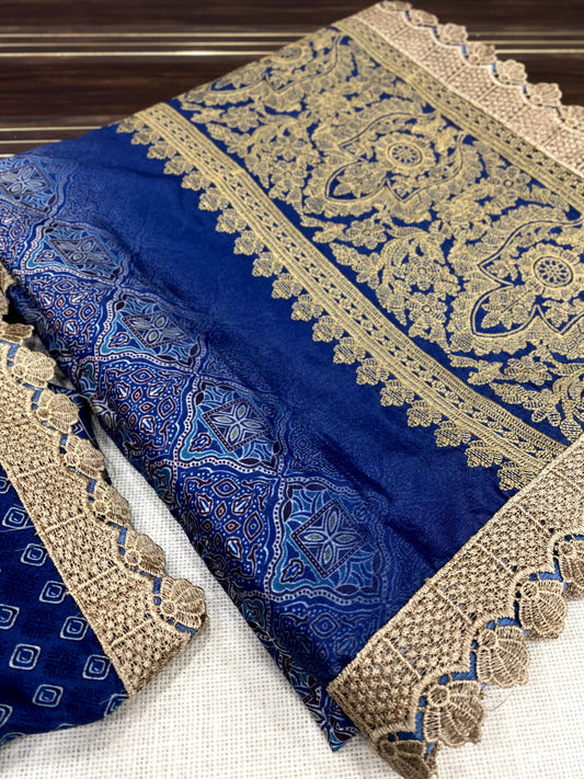 Soft silky crystel chiffon saree with ajrakh digital print and embroidery work pallu